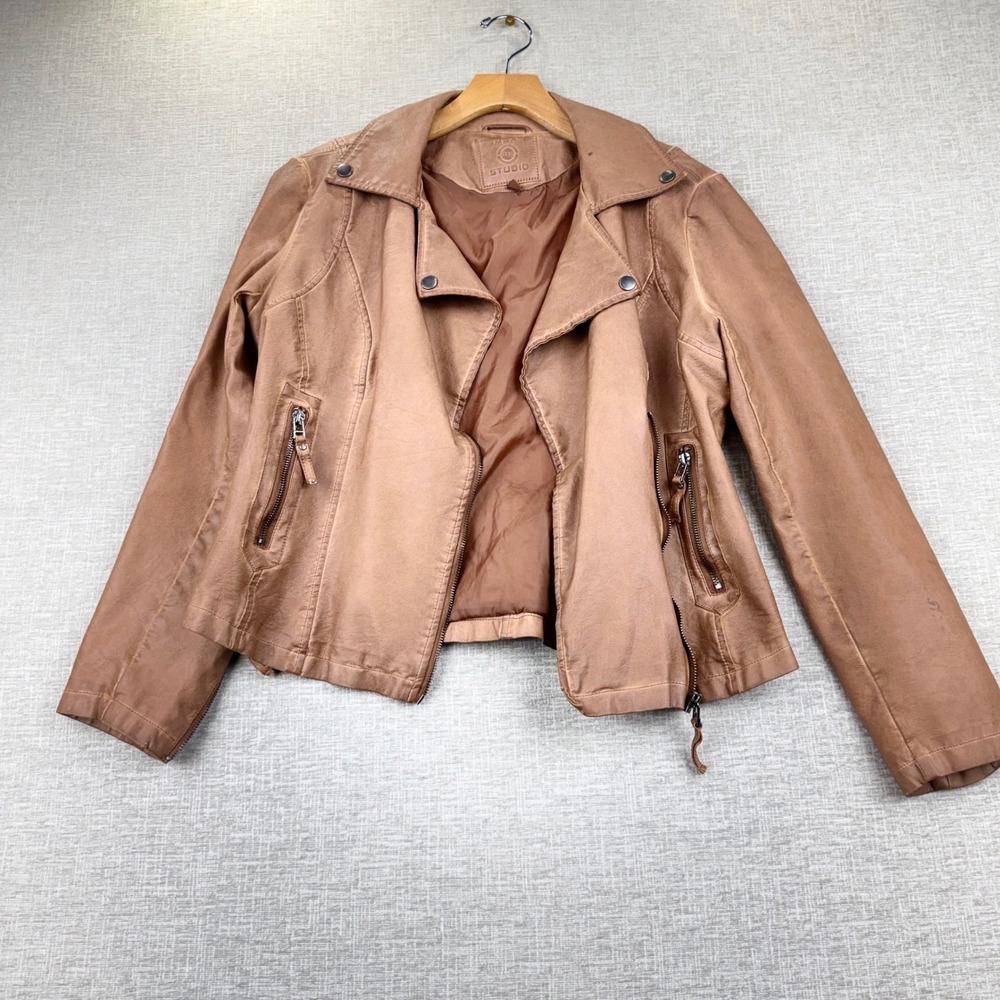 Max Studio Distressed Womens M Tan Brown Faux Leather Moto Jacket 6710L23
